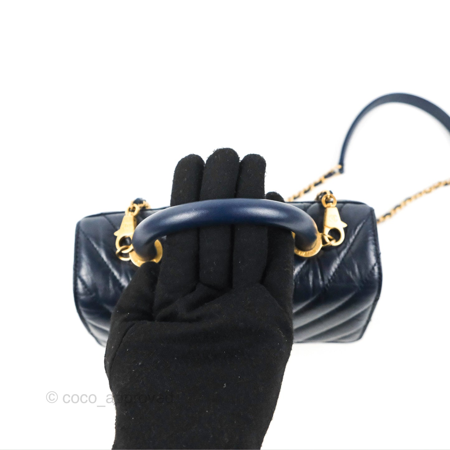 Chanel Small Coco Handle Chevron Navy Crumpled Leather Aged Gold Hardware