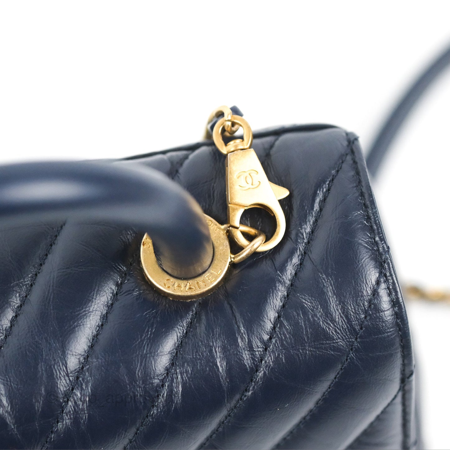 Chanel Small Coco Handle Chevron Navy Crumpled Leather Aged Gold Hardware