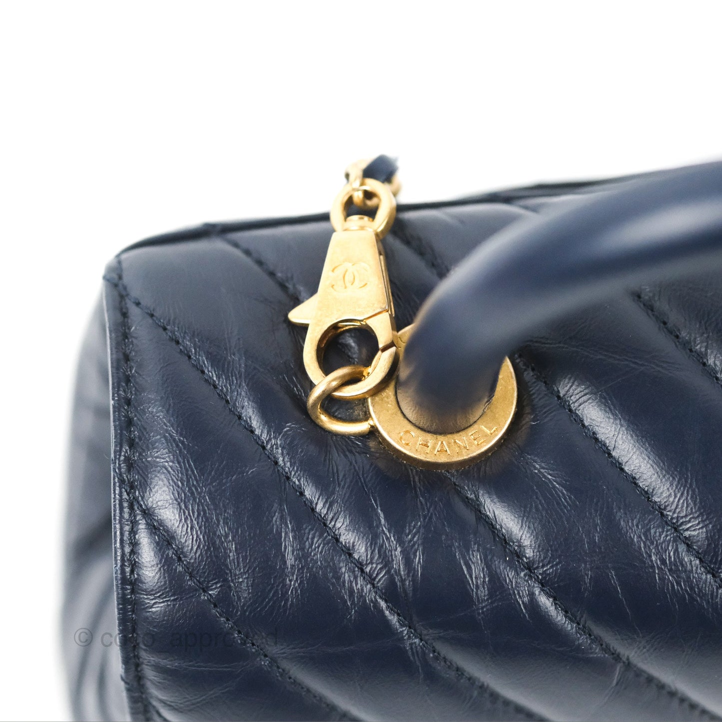 Chanel Small Coco Handle Chevron Navy Crumpled Leather Aged Gold Hardware