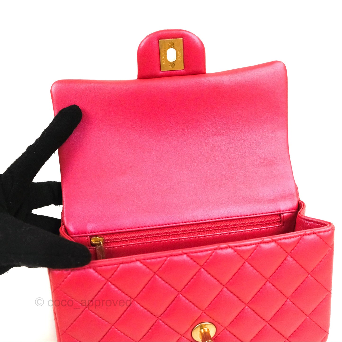 Chanel Top Handle Mini Rectangular Flap Bag Iridescent Dark Pink Lambskin Aged Gold Hardware
