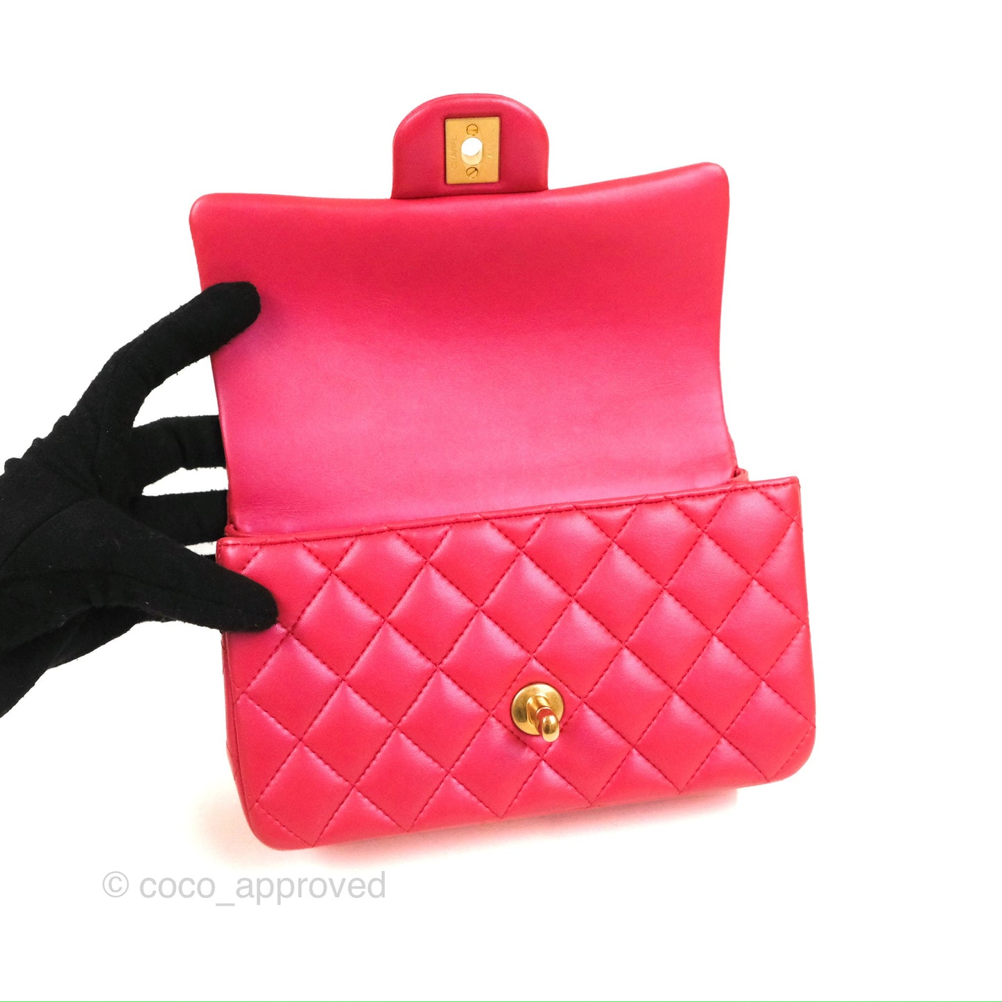 Chanel Top Handle Mini Rectangular Flap Bag Iridescent Dark Pink Lambskin Aged Gold Hardware