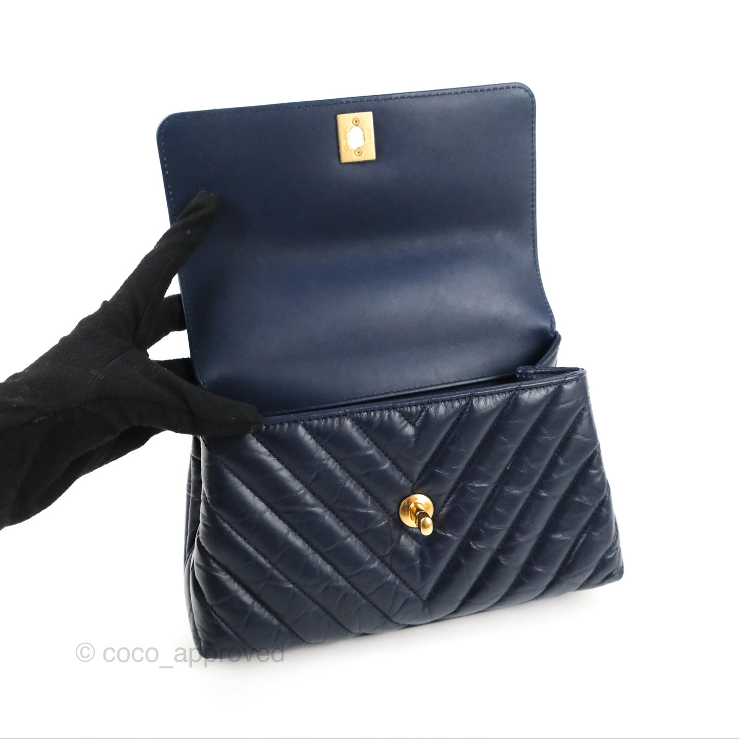 Chanel Small Coco Handle Chevron Navy Crumpled Leather Aged Gold Hardware