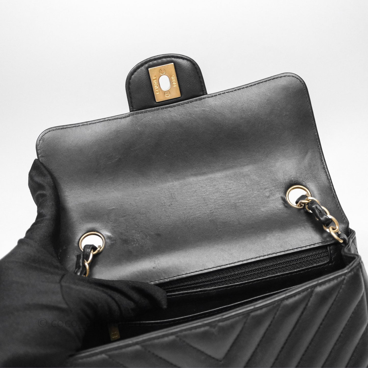 Chanel Mini Rectangular Chevron Black Lambskin Aged Gold Hardware