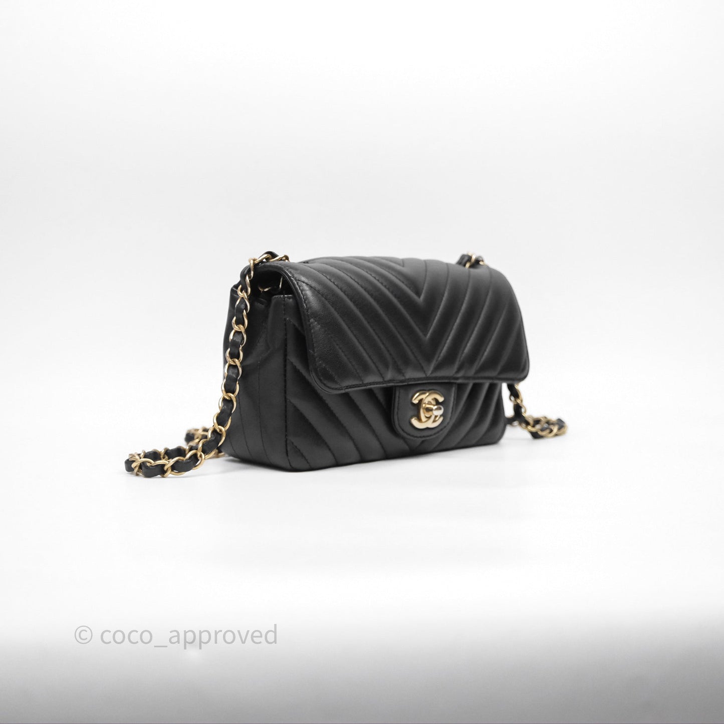 Chanel Mini Rectangular Chevron Black Lambskin Aged Gold Hardware