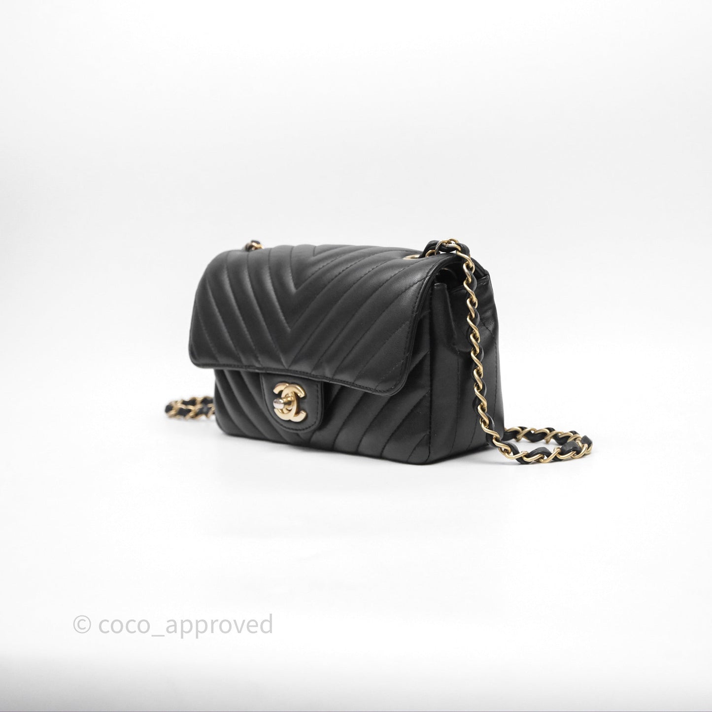 Chanel Mini Rectangular Chevron Black Lambskin Aged Gold Hardware