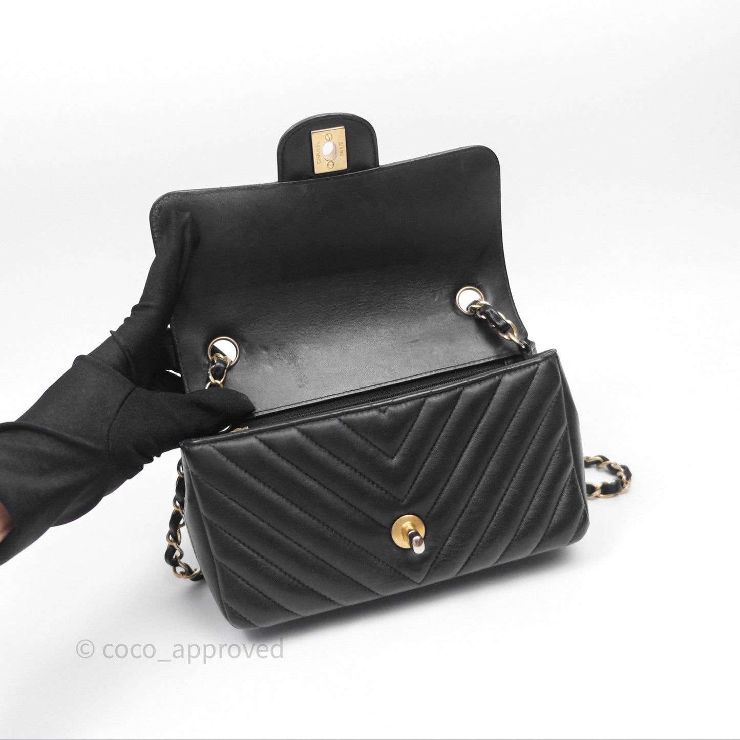 Chanel Mini Rectangular Chevron Black Lambskin Aged Gold Hardware