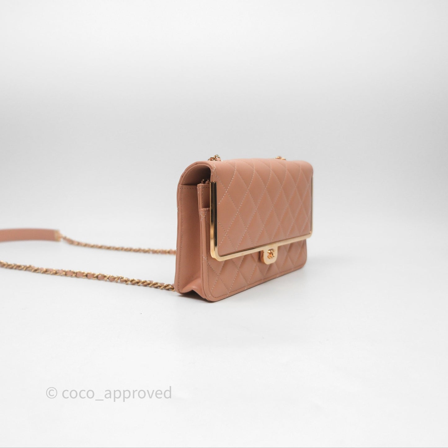 Chanel Quilted Frame Wallet On Chain WOC Beige Lambskin Rose Gold Hardware