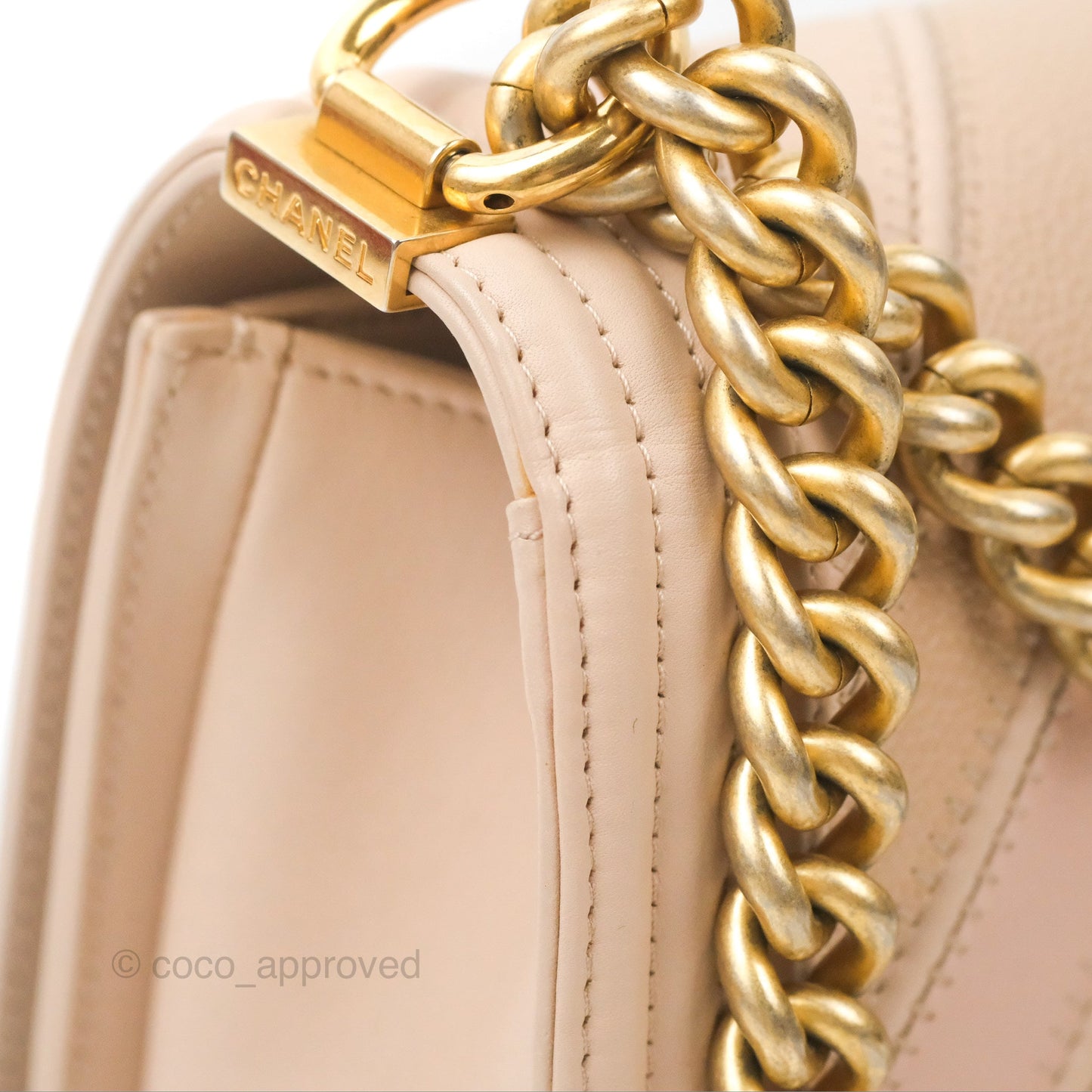 Chanel Chevron Medium Boy Beige Pink Suede Calfskin Aged Gold Hardware