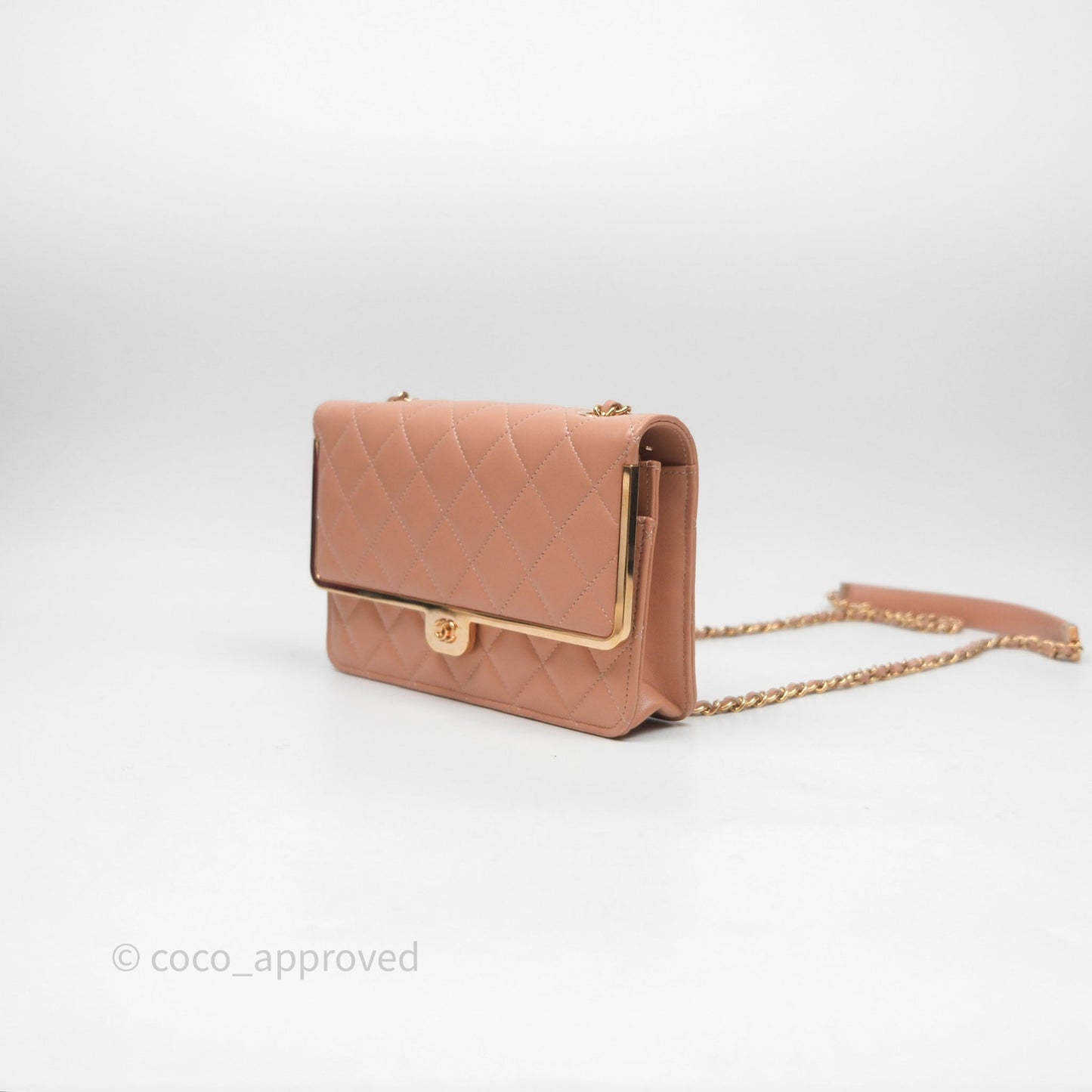 Chanel Quilted Frame Wallet On Chain WOC Beige Lambskin Rose Gold Hardware