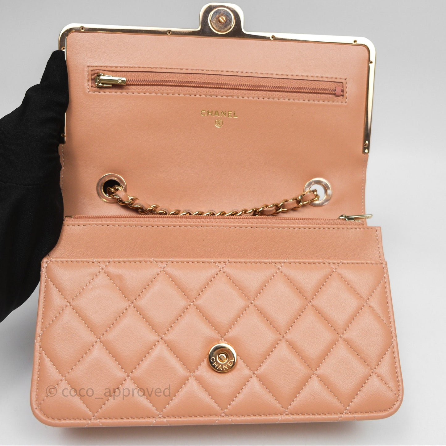 Chanel Quilted Frame Wallet On Chain WOC Beige Lambskin Rose Gold Hardware