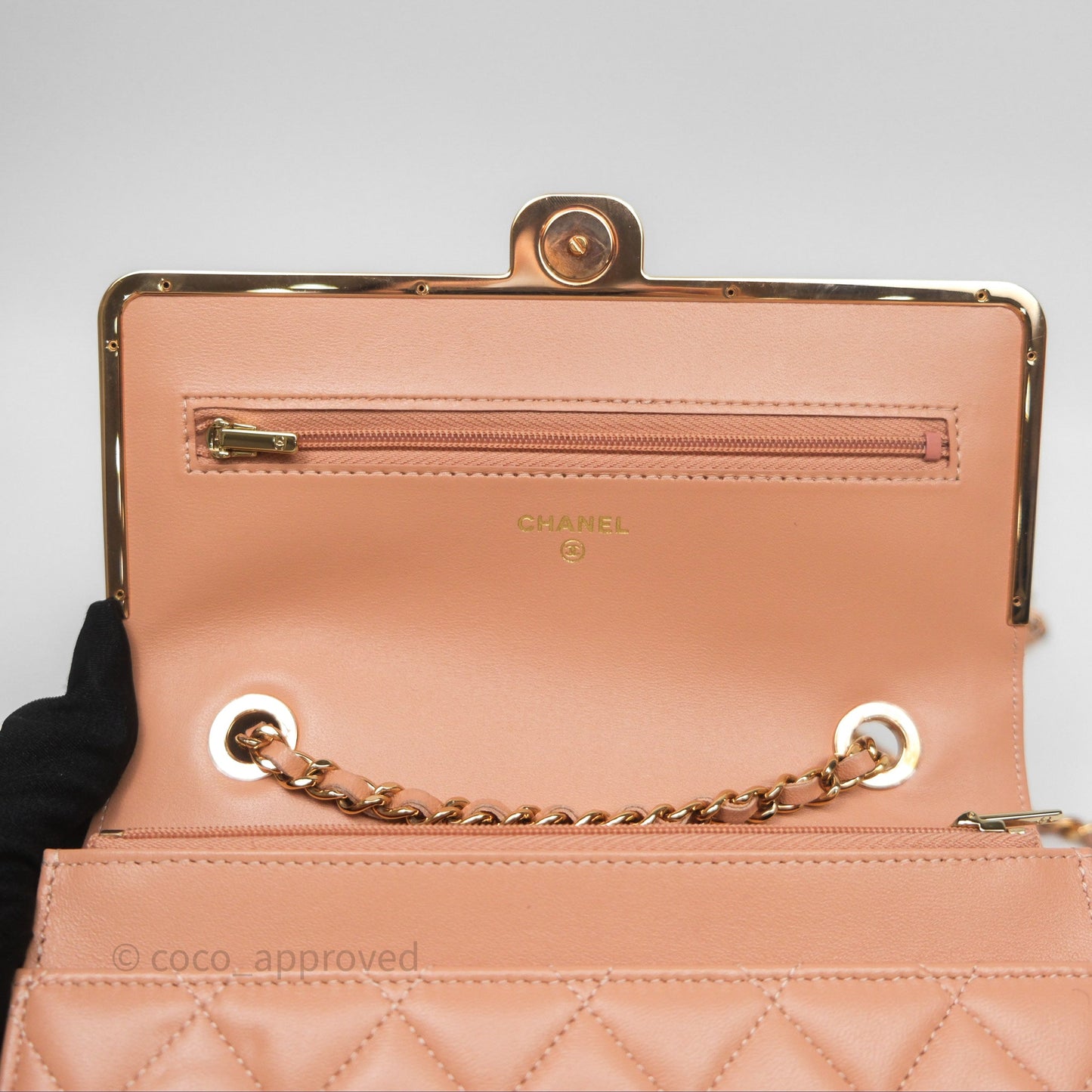 Chanel Quilted Frame Wallet On Chain WOC Beige Lambskin Rose Gold Hardware