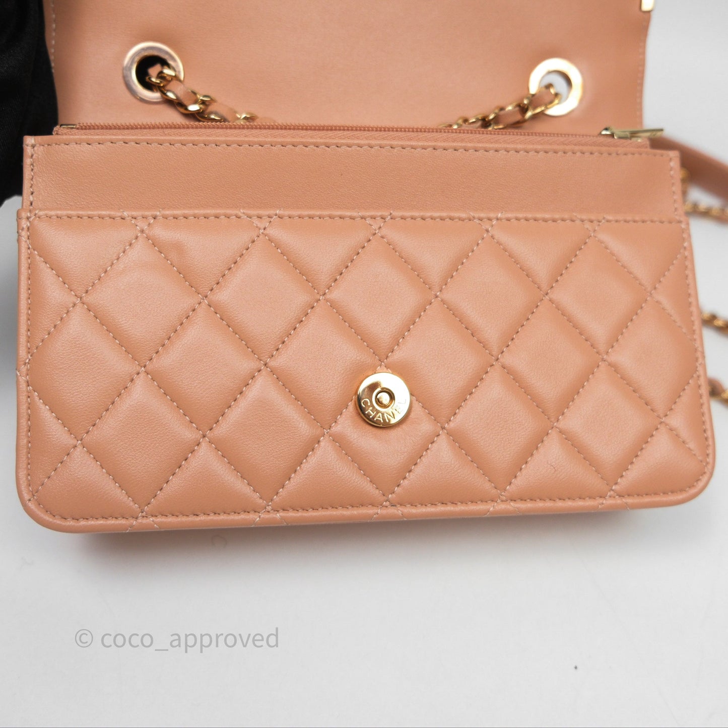Chanel Quilted Frame Wallet On Chain WOC Beige Lambskin Rose Gold Hardware