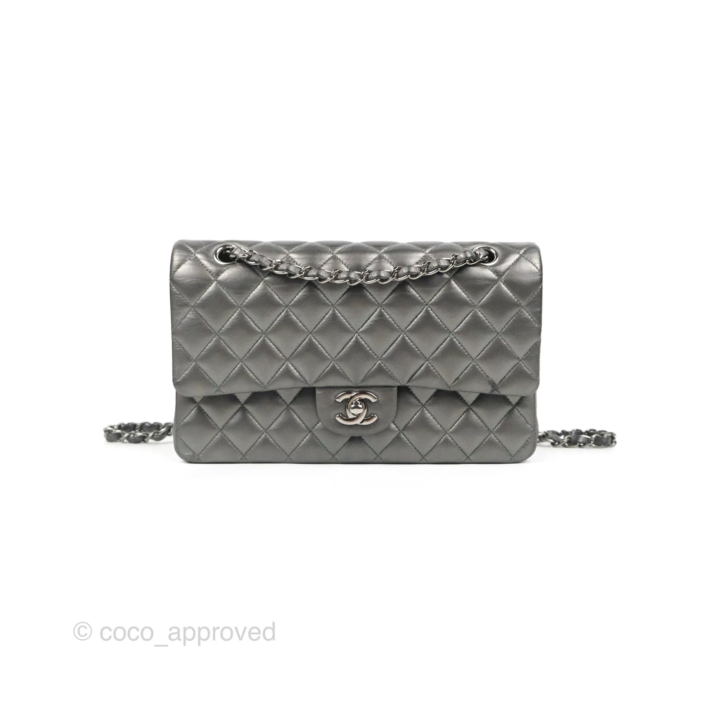 Chanel Classic M/L Medium Flap Quilted Metallic Grey Lambskin Gun Metal
