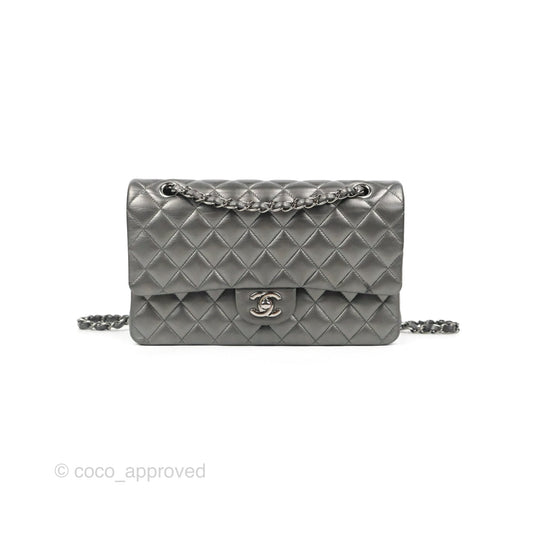 Chanel Classic M/L Medium Flap Quilted Metallic Grey Lambskin Gun Metal
