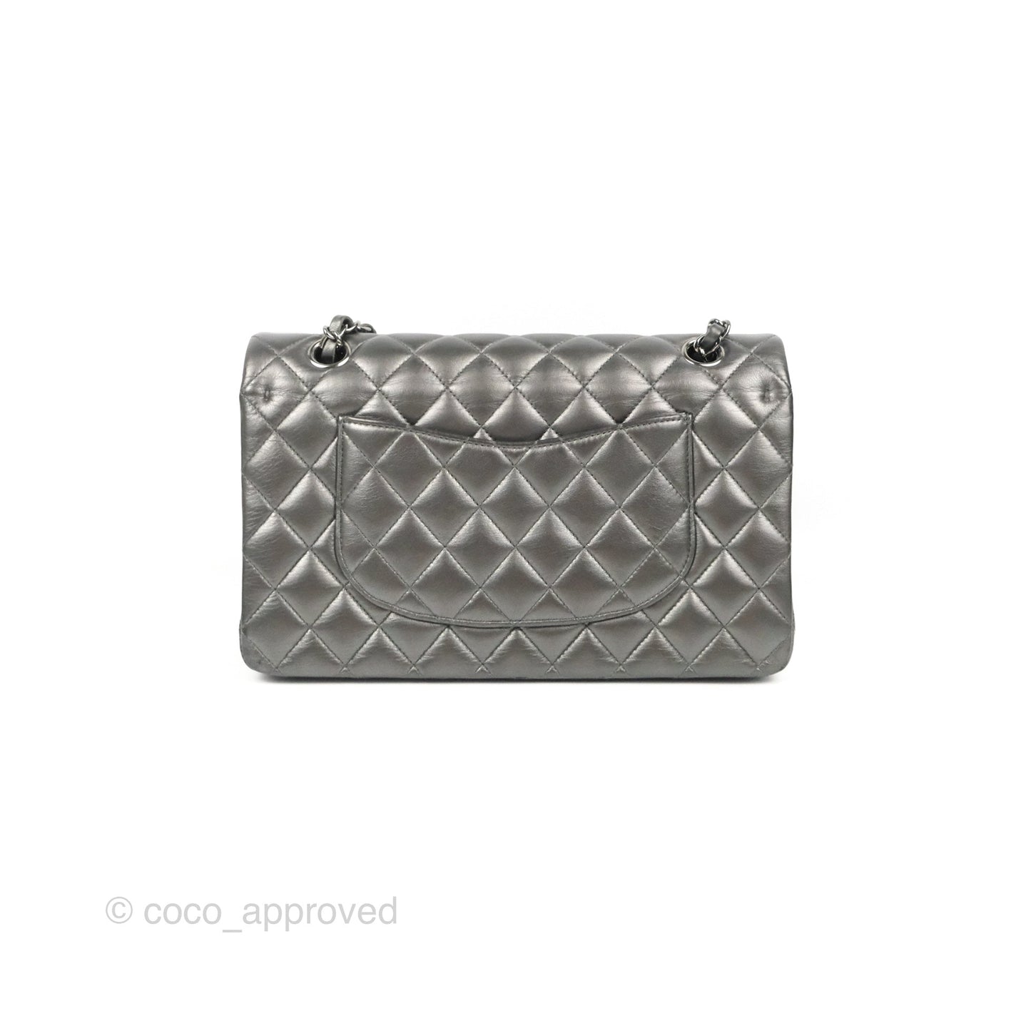Chanel Classic M/L Medium Flap Quilted Metallic Grey Lambskin Gun Metal