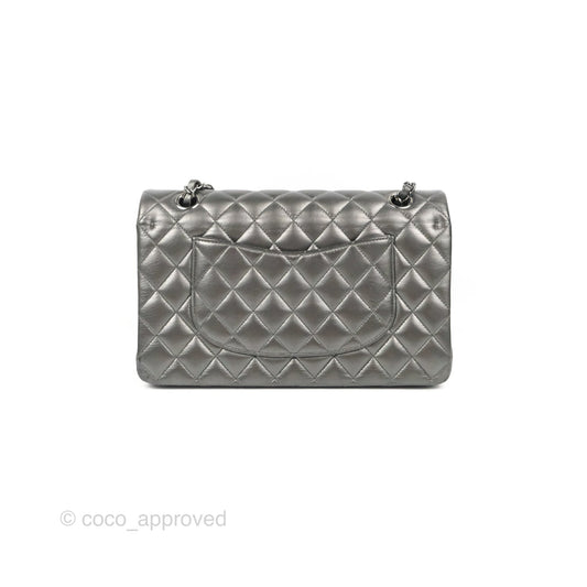 Chanel Classic M/L Medium Flap Quilted Metallic Grey Lambskin Gun Metal