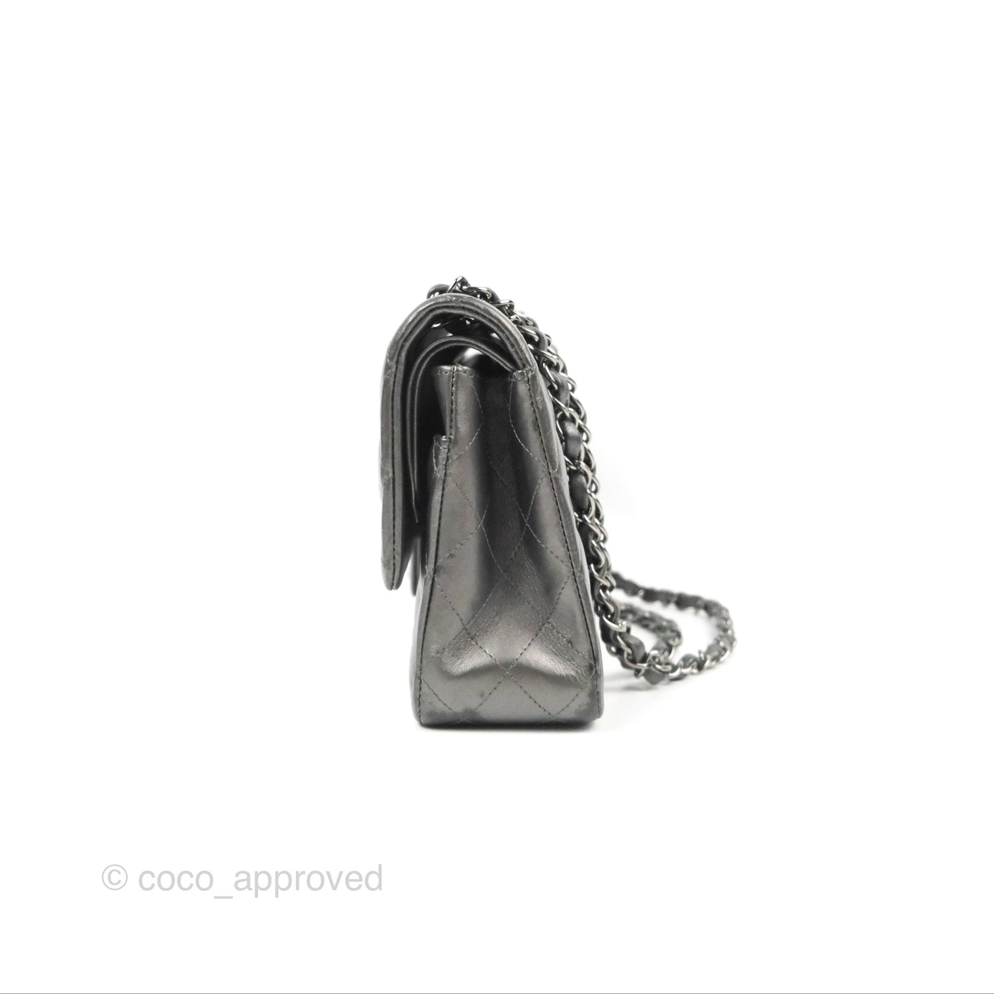 Chanel Classic M/L Medium Flap Quilted Metallic Grey Lambskin Gun Metal
