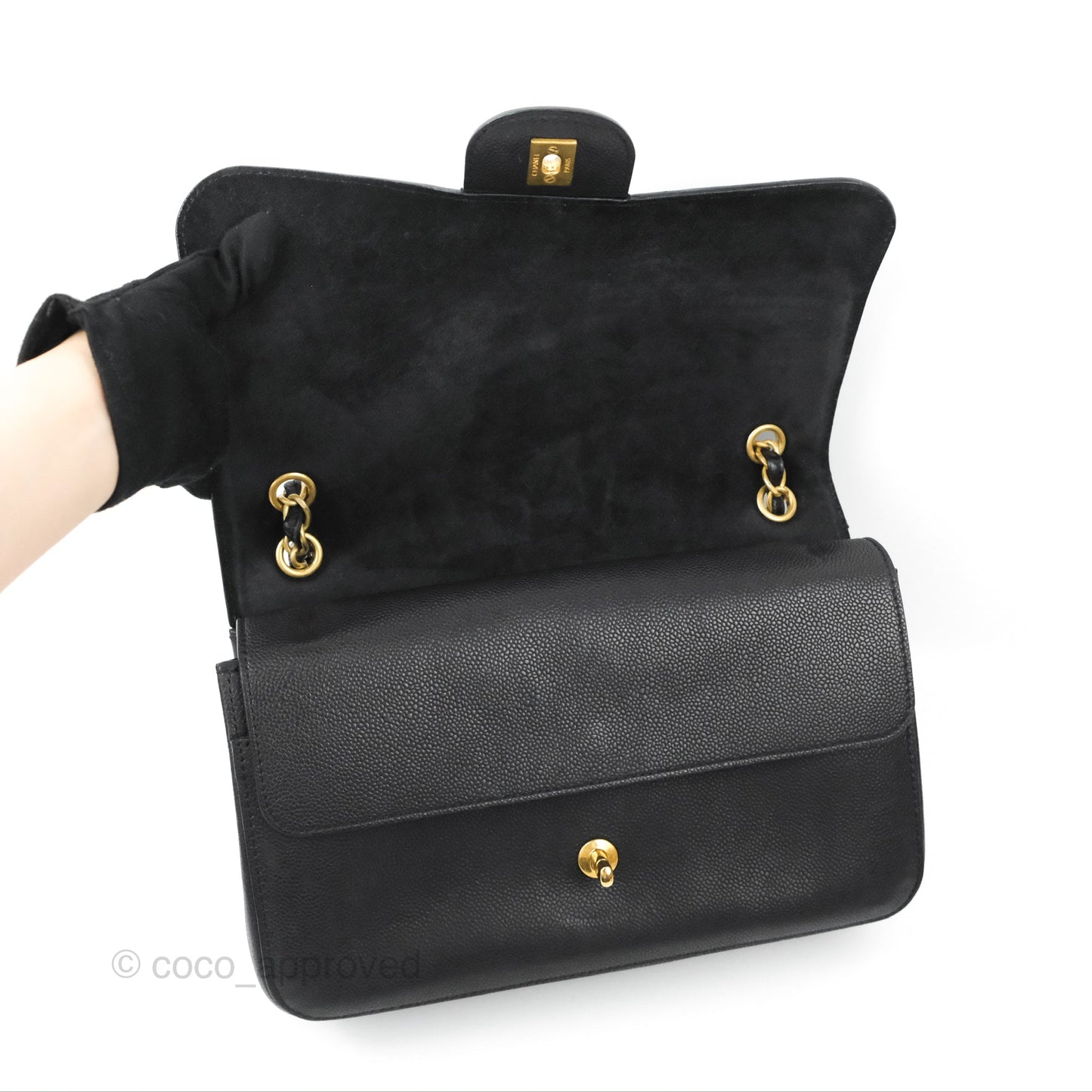 Chanel Pure Jumbo Double Flap Black Caviar Aged Gold Hardware