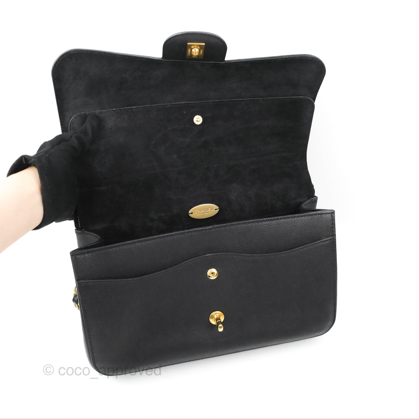 Chanel Pure Jumbo Double Flap Black Caviar Aged Gold Hardware
