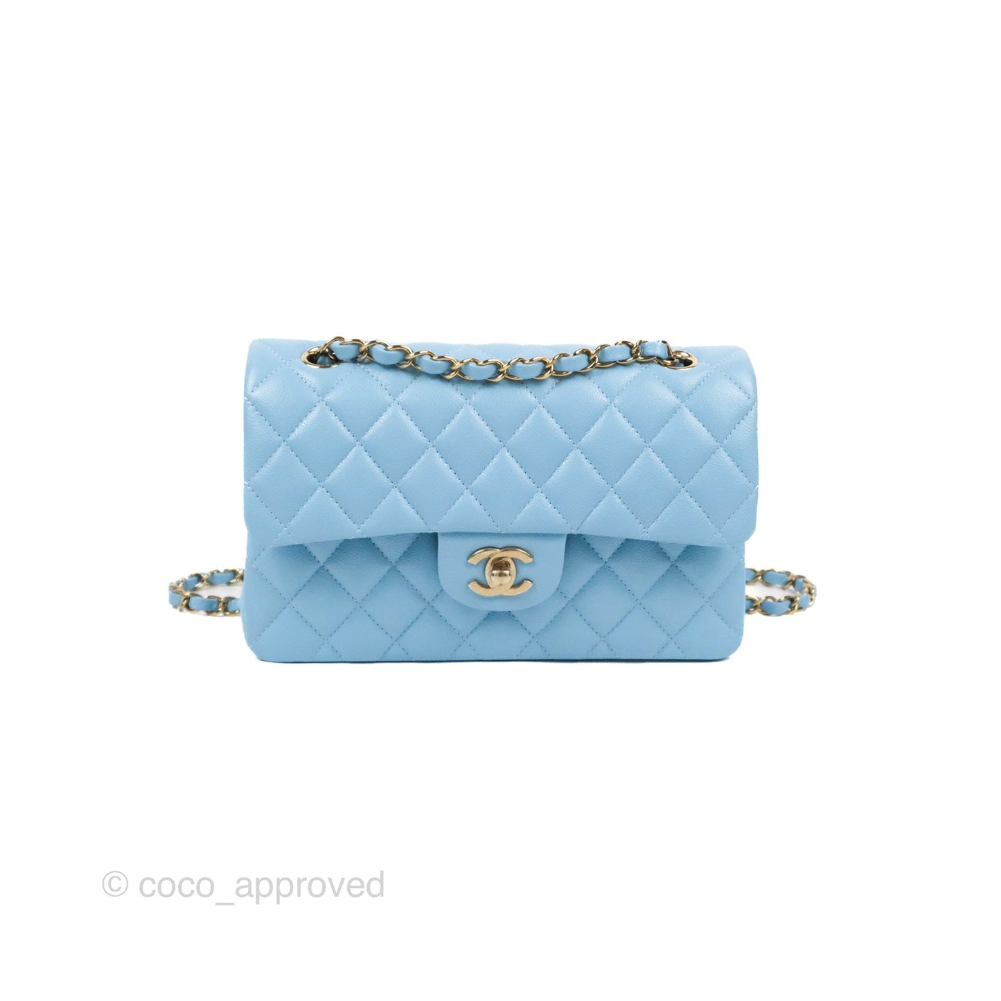 Chanel Small Classic Quilted Flap Light Blue Caviar Gold Hardware