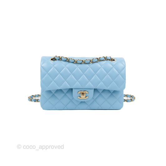 Chanel Small Classic Quilted Flap Light Blue Caviar Gold Hardware
