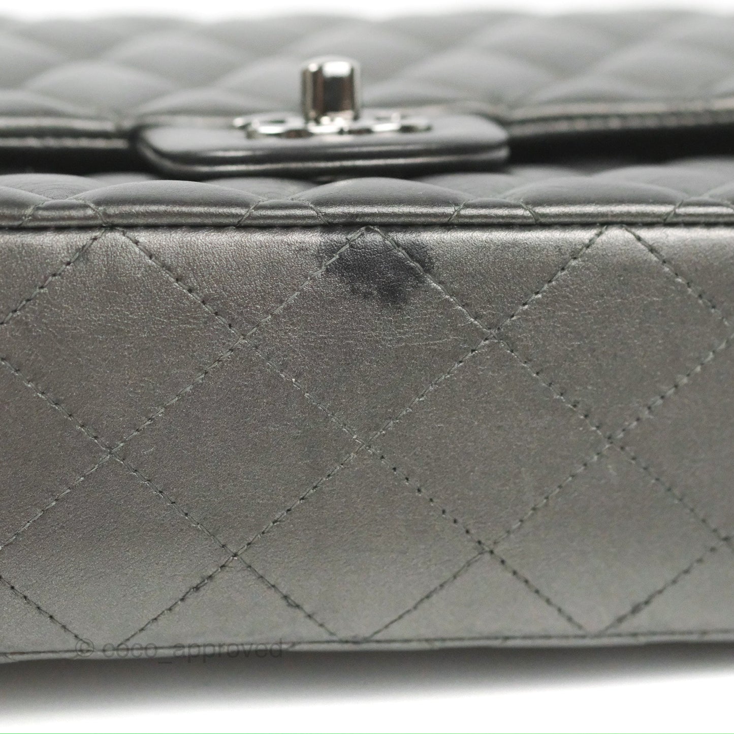 Chanel Classic M/L Medium Flap Quilted Metallic Grey Lambskin Gun Metal