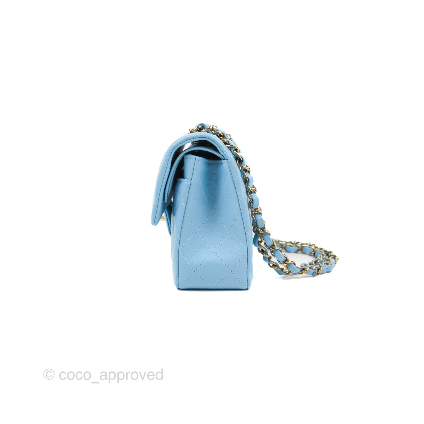 Chanel Small Classic Quilted Flap Light Blue Caviar Gold Hardware