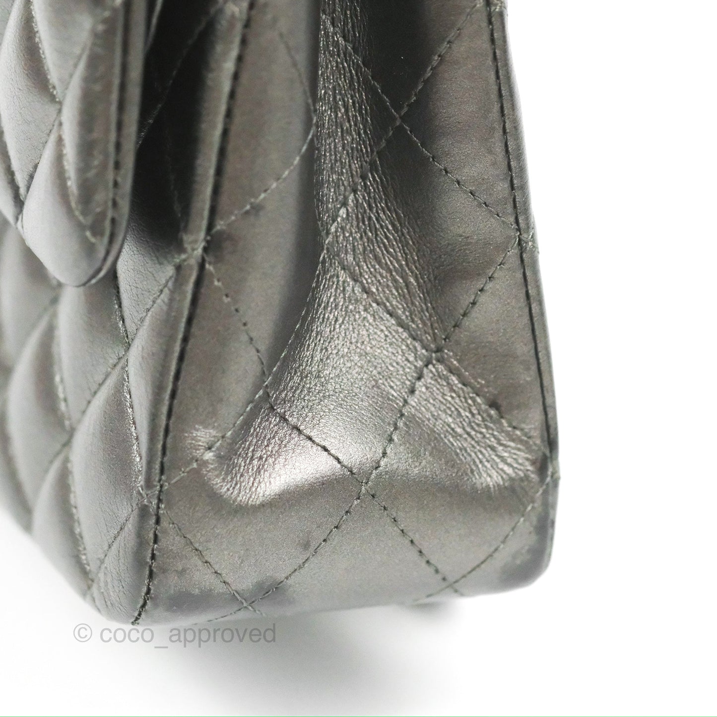Chanel Classic M/L Medium Flap Quilted Metallic Grey Lambskin Gun Metal
