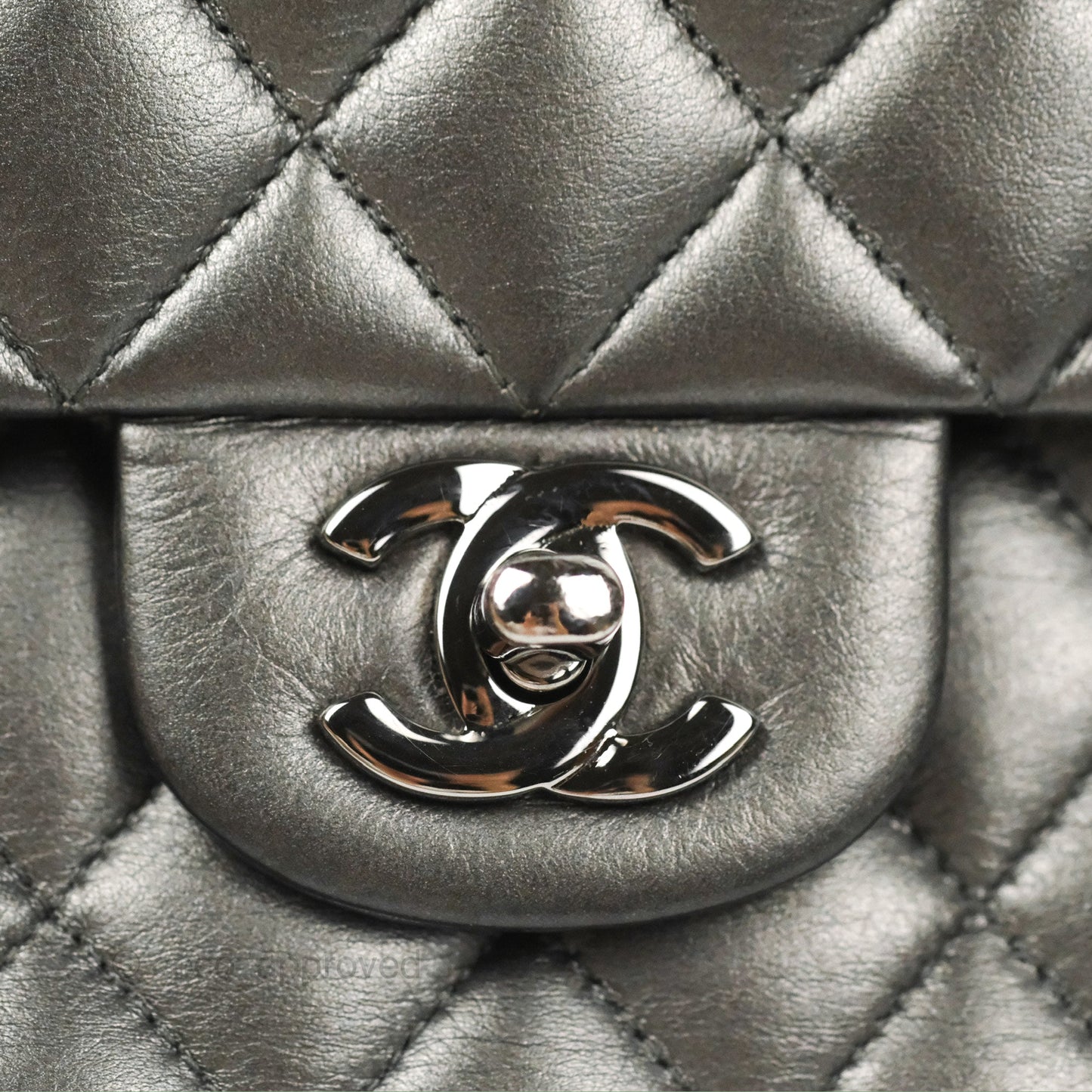 Chanel Classic M/L Medium Flap Quilted Metallic Grey Lambskin Gun Metal