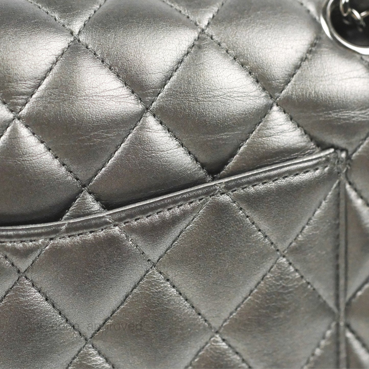Chanel Classic M/L Medium Flap Quilted Metallic Grey Lambskin Gun Metal