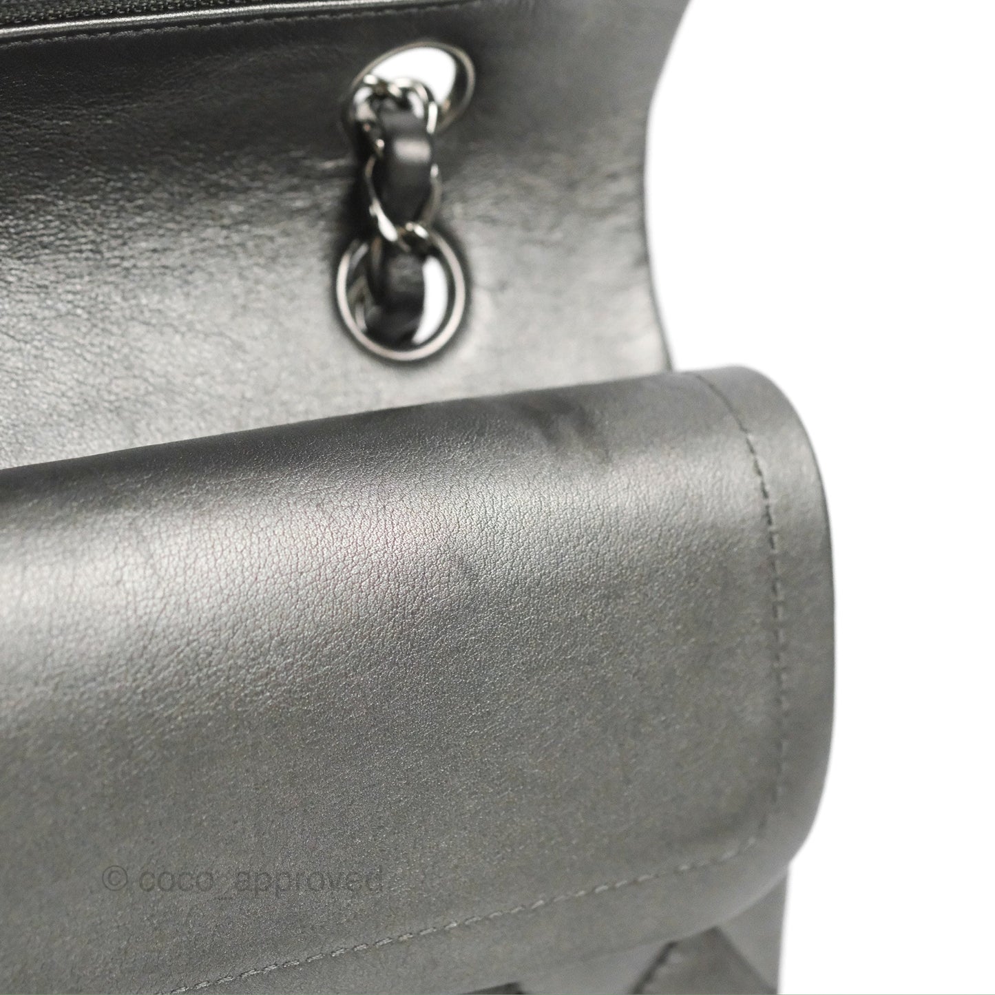 Chanel Classic M/L Medium Flap Quilted Metallic Grey Lambskin Gun Metal