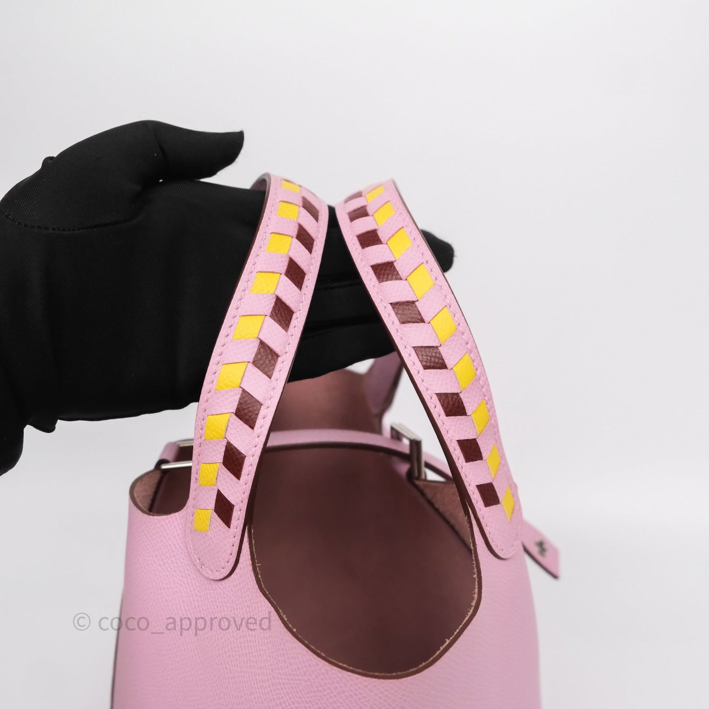 Hermès Tressage De Cuir Picotin Lock 18 Mauve Sylvestre X9/ Jaune de Naples 9O/Rouge H 55 Epsom Palladium Hardware