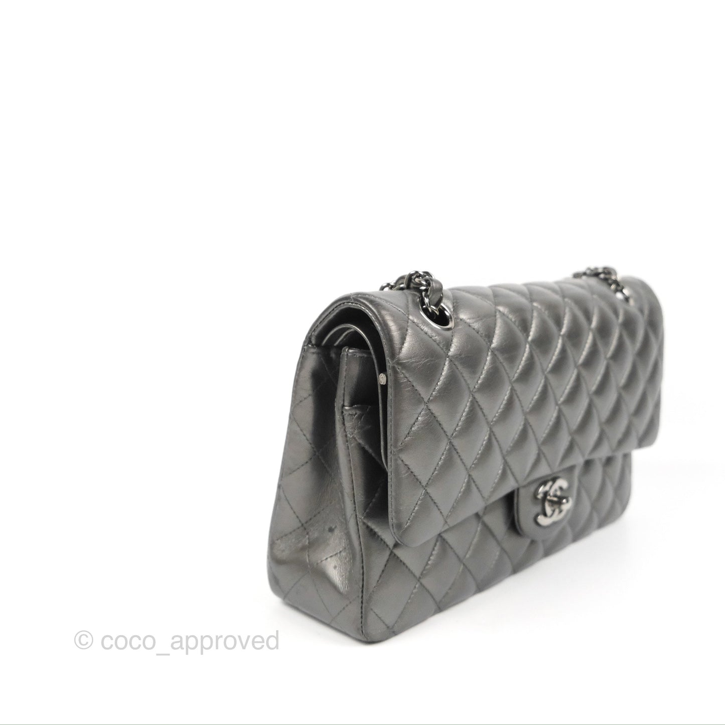 Chanel Classic M/L Medium Flap Quilted Metallic Grey Lambskin Gun Metal