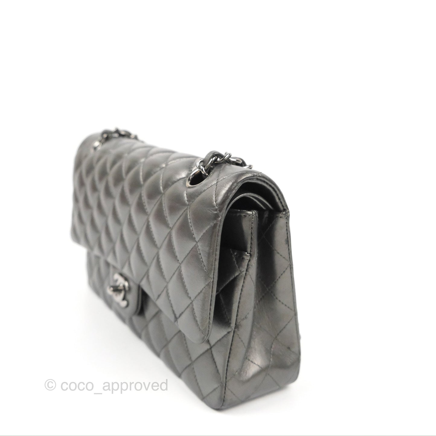 Chanel Classic M/L Medium Flap Quilted Metallic Grey Lambskin Gun Metal