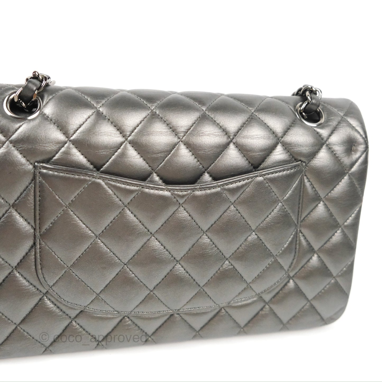 Chanel Classic M/L Medium Flap Quilted Metallic Grey Lambskin Gun Metal