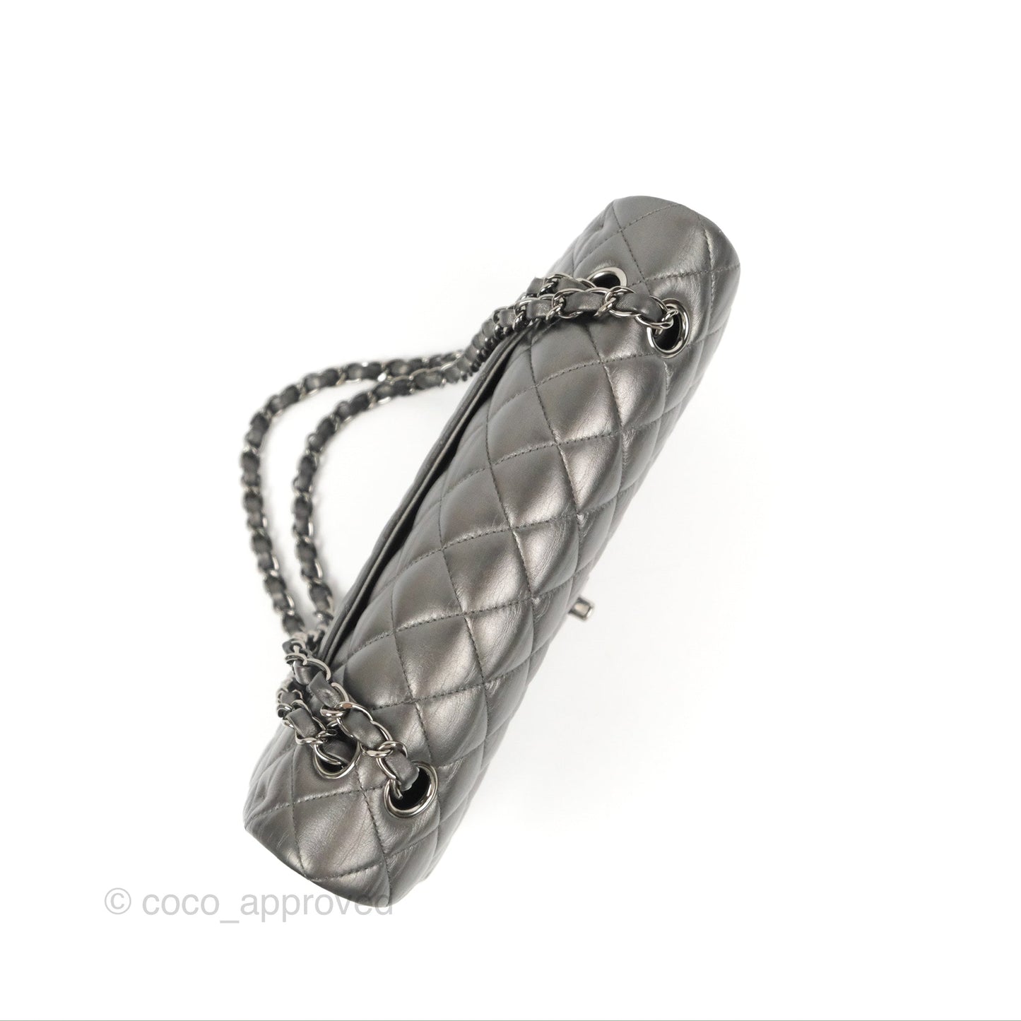 Chanel Classic M/L Medium Flap Quilted Metallic Grey Lambskin Gun Metal