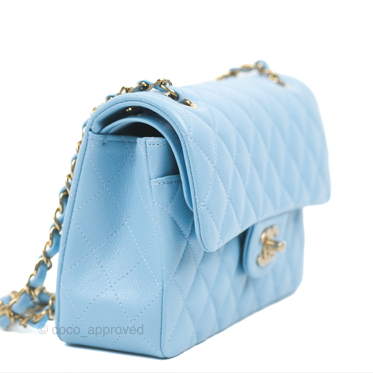 Chanel Small Classic Quilted Flap Light Blue Caviar Gold Hardware