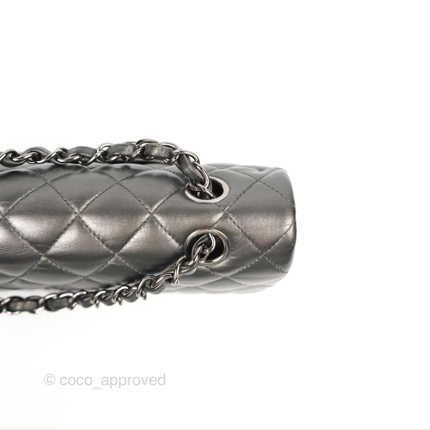 Chanel Classic M/L Medium Flap Quilted Metallic Grey Lambskin Gun Metal