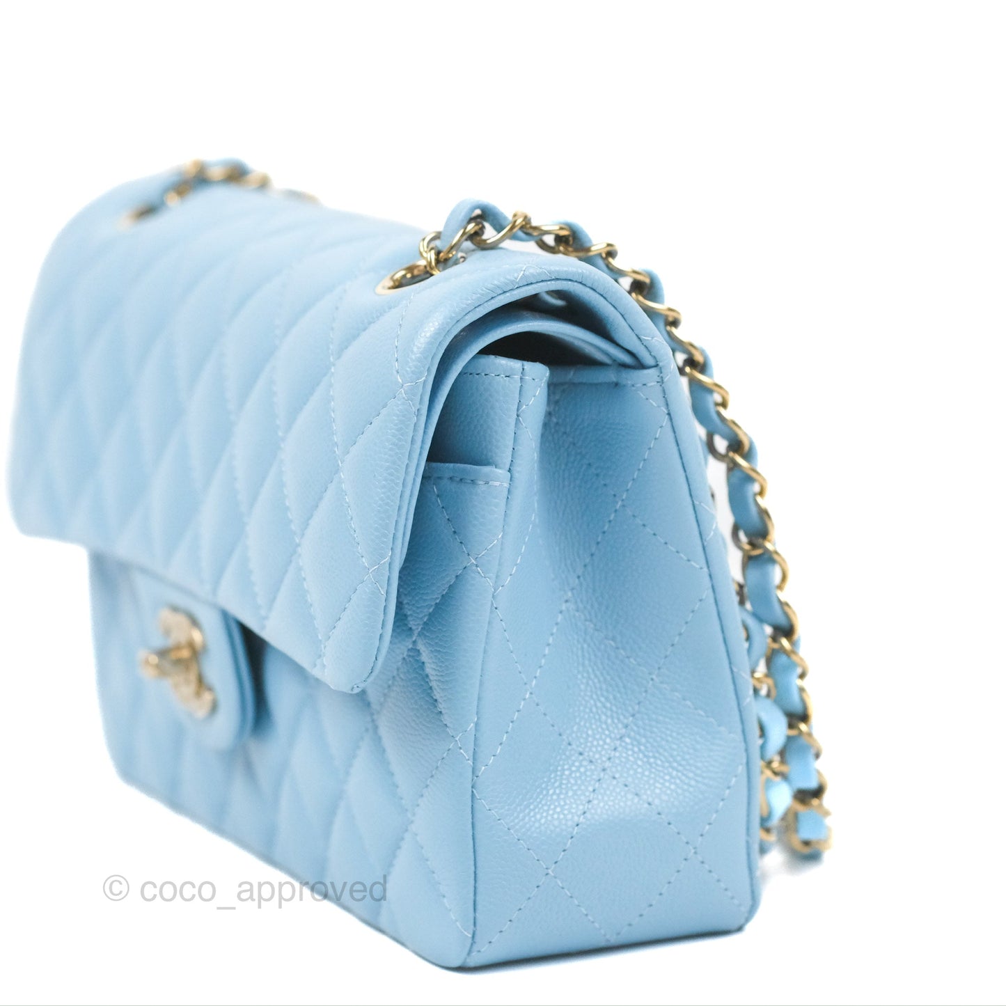 Chanel Small Classic Quilted Flap Light Blue Caviar Gold Hardware