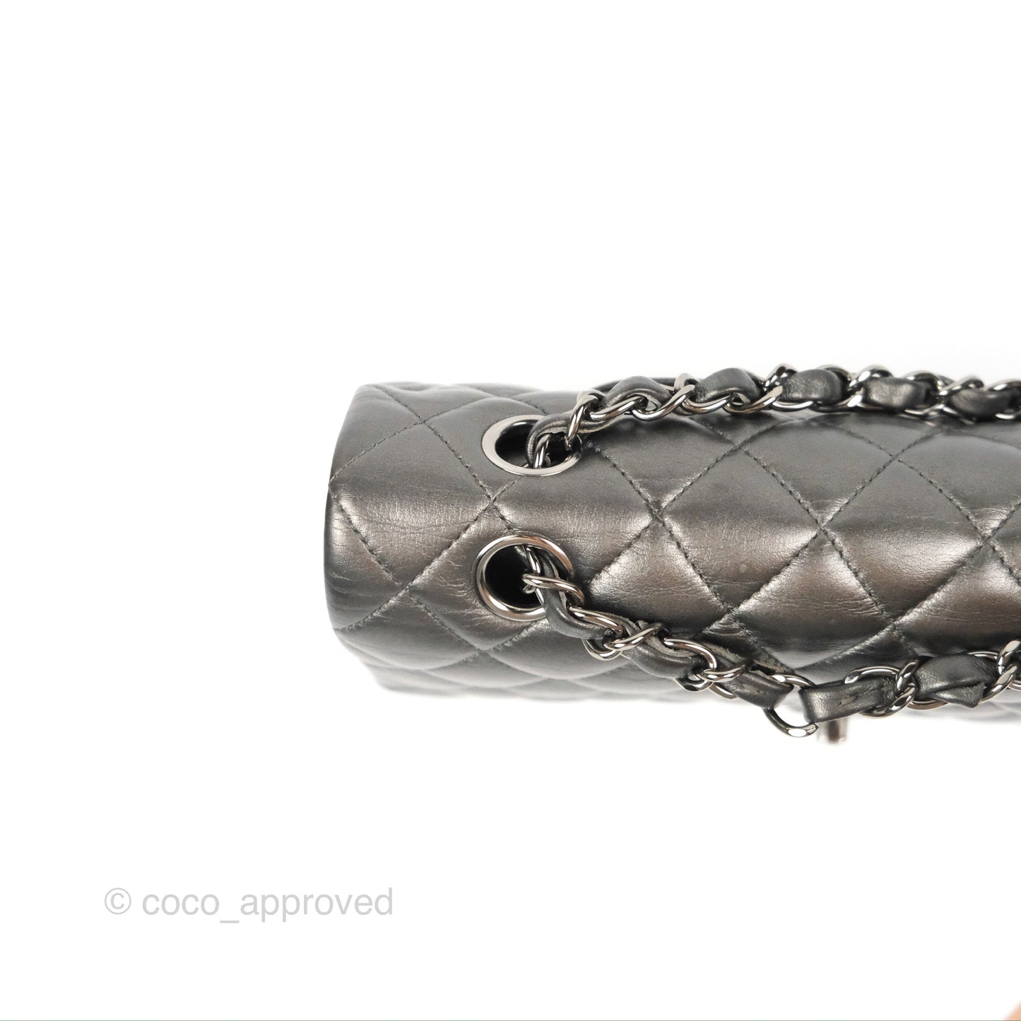 Chanel Classic M/L Medium Flap Quilted Metallic Grey Lambskin Gun Metal