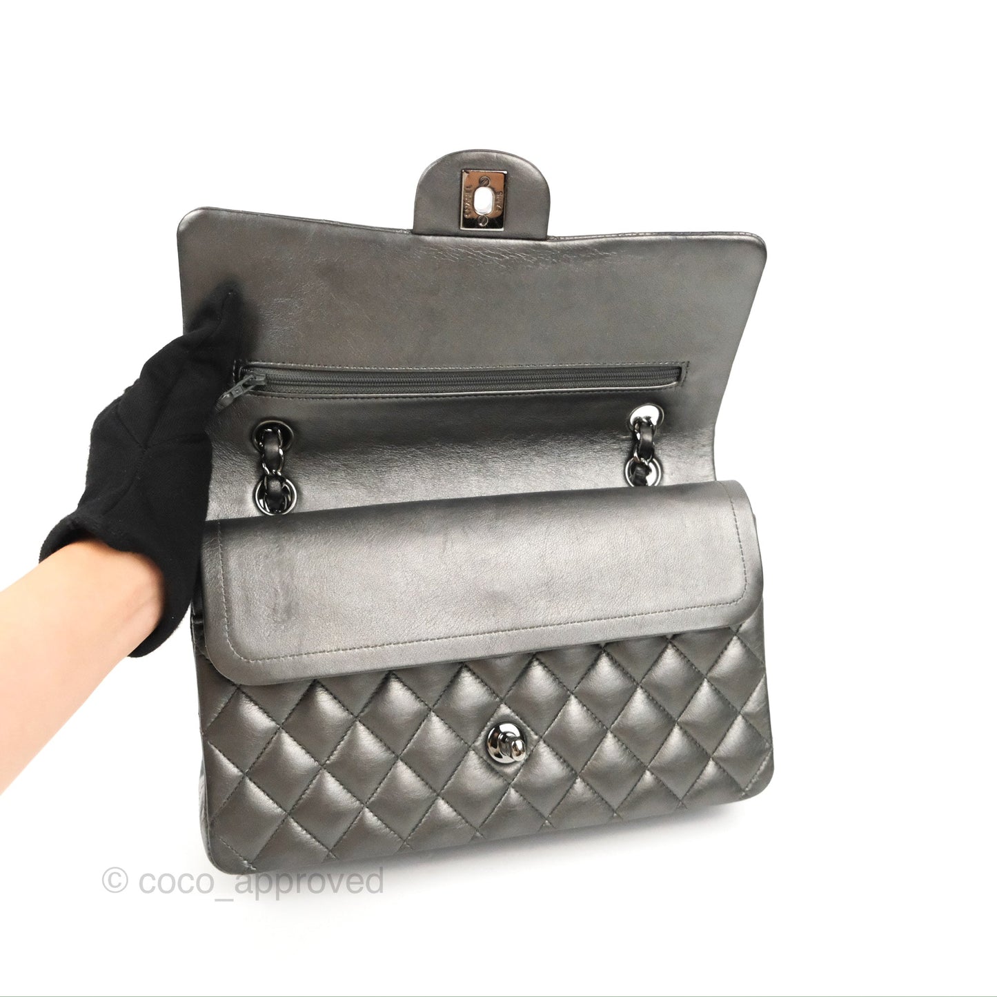 Chanel Classic M/L Medium Flap Quilted Metallic Grey Lambskin Gun Metal
