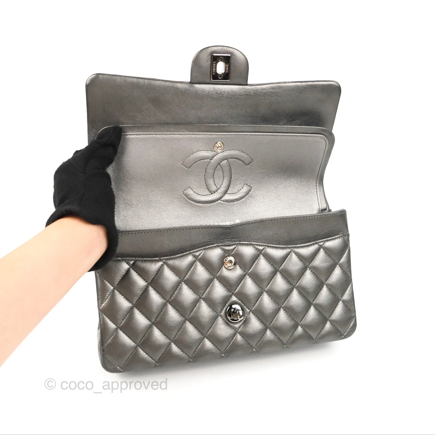 Chanel Classic M/L Medium Flap Quilted Metallic Grey Lambskin Gun Metal