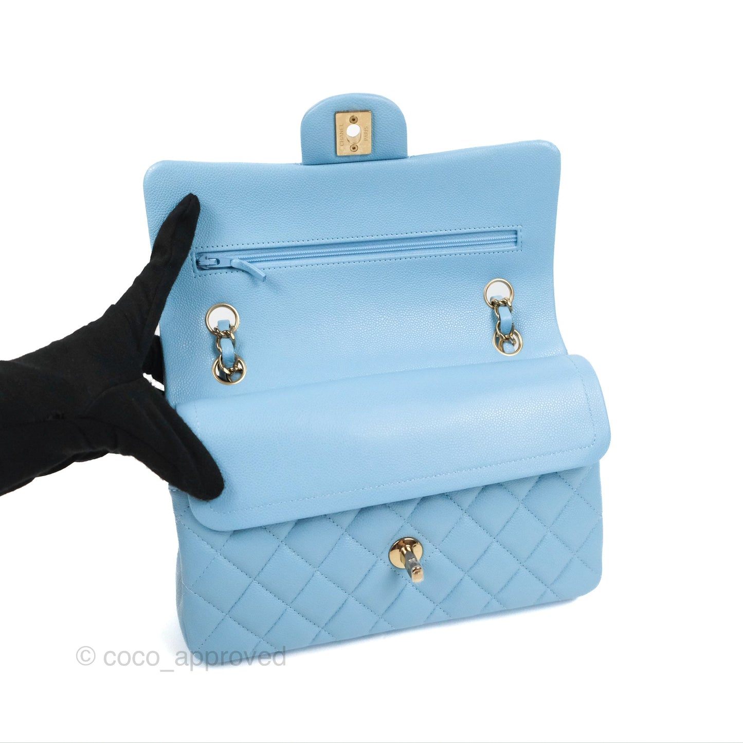 Chanel Small Classic Quilted Flap Light Blue Caviar Gold Hardware