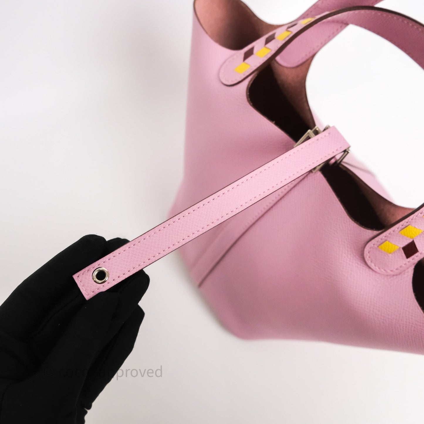 Hermès Tressage De Cuir Picotin Lock 18 Mauve Sylvestre X9/ Jaune de Naples 9O/Rouge H 55 Epsom Palladium Hardware