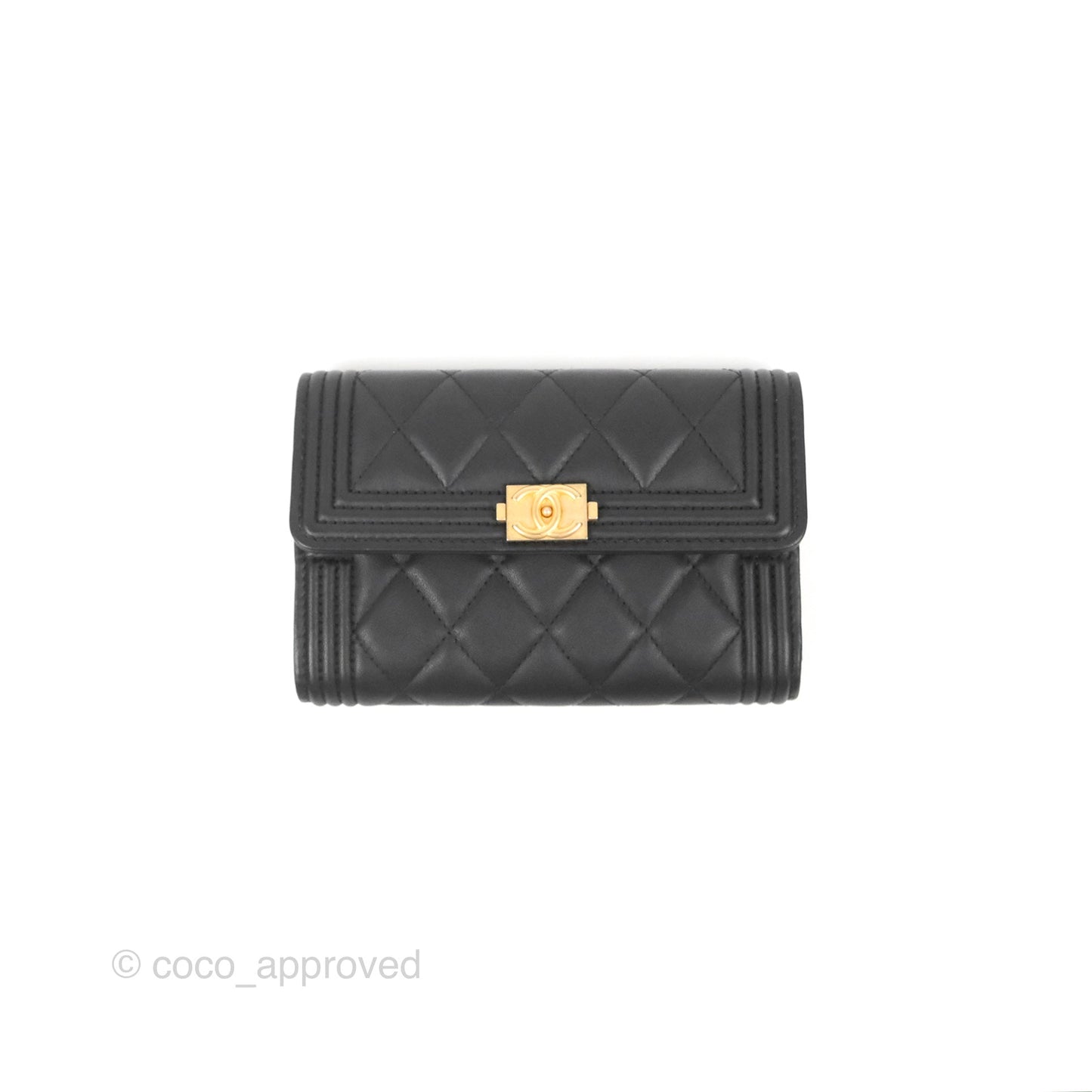 Chanel Quilted Boy Medium Trifold Flap Wallet Black Lambskin Aged Gold Hardware