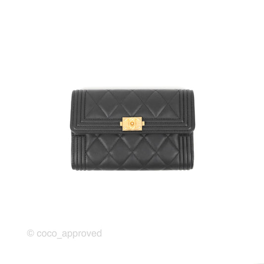 Chanel Quilted Boy Medium Trifold Flap Wallet Black Lambskin Aged Gold Hardware
