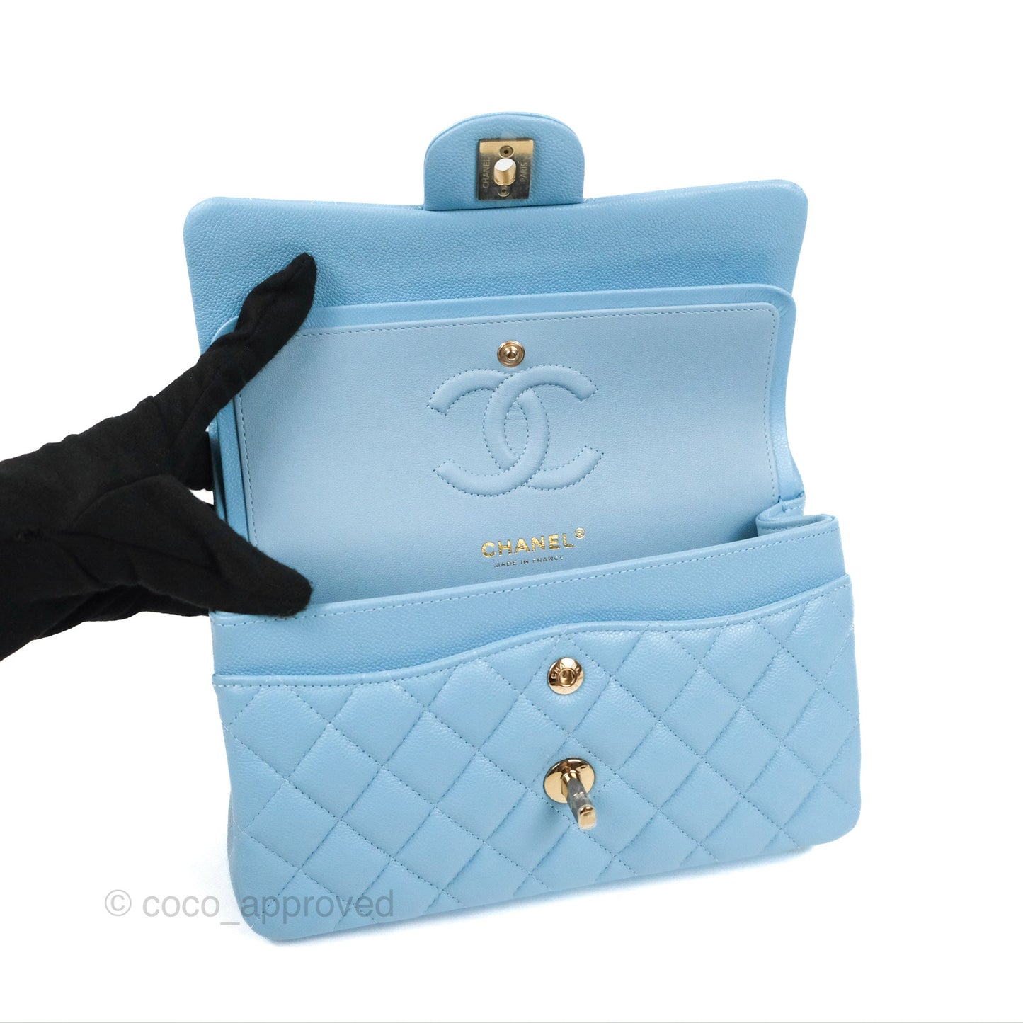 Chanel Small Classic Quilted Flap Light Blue Caviar Gold Hardware