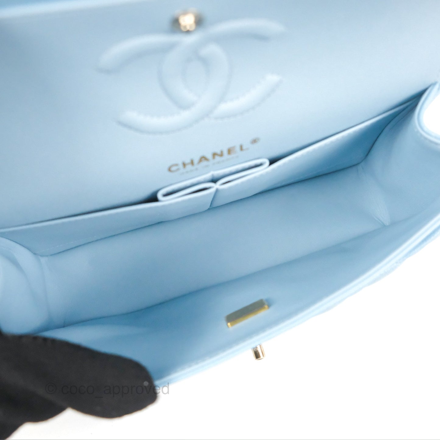 Chanel Small Classic Quilted Flap Light Blue Caviar Gold Hardware