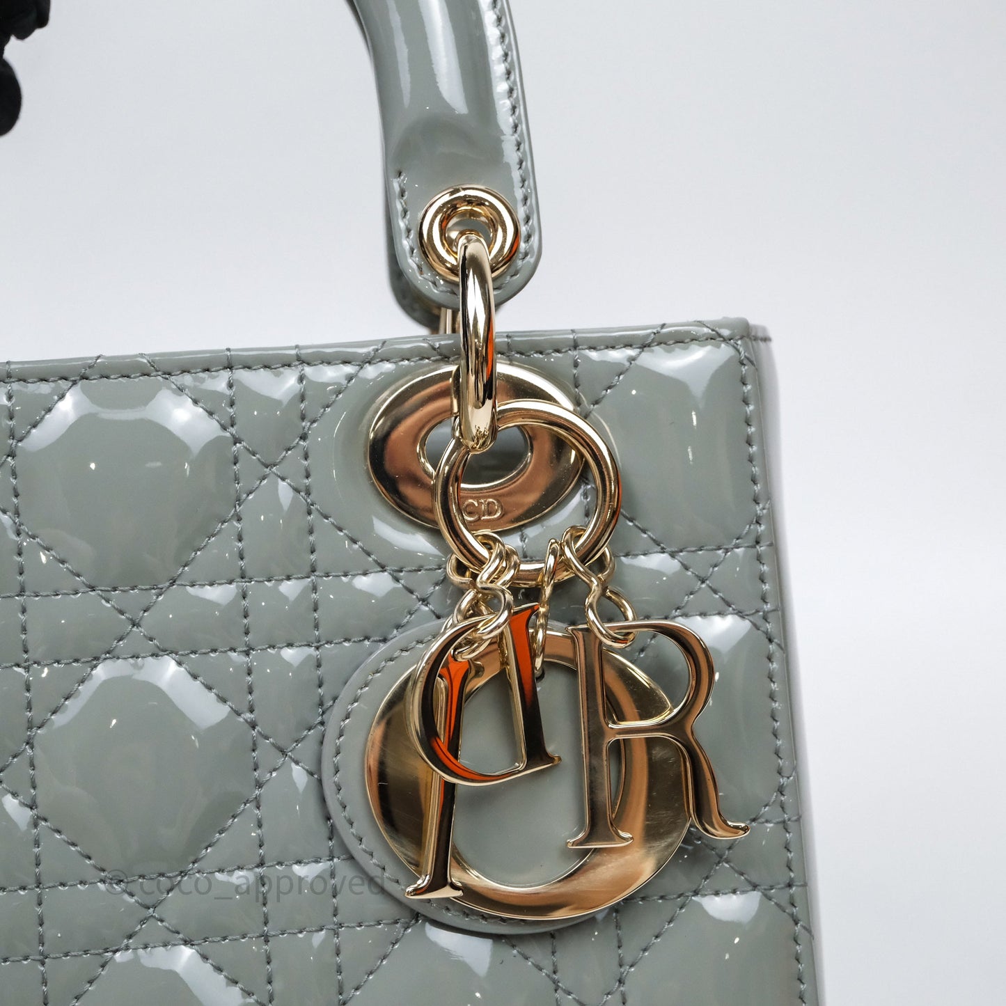 Christian Dior Lady Dior Green Grey Patent Cannage Gold Hardware