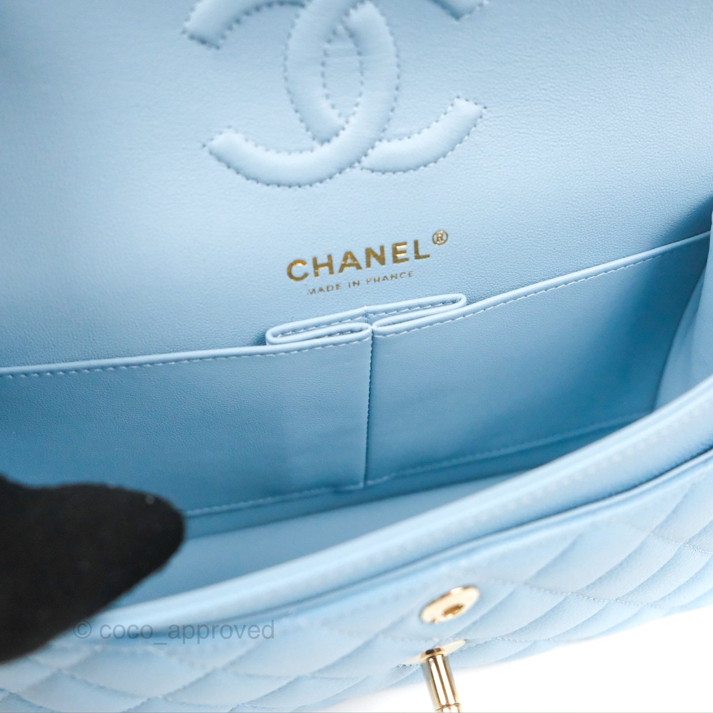 Chanel Small Classic Quilted Flap Light Blue Caviar Gold Hardware